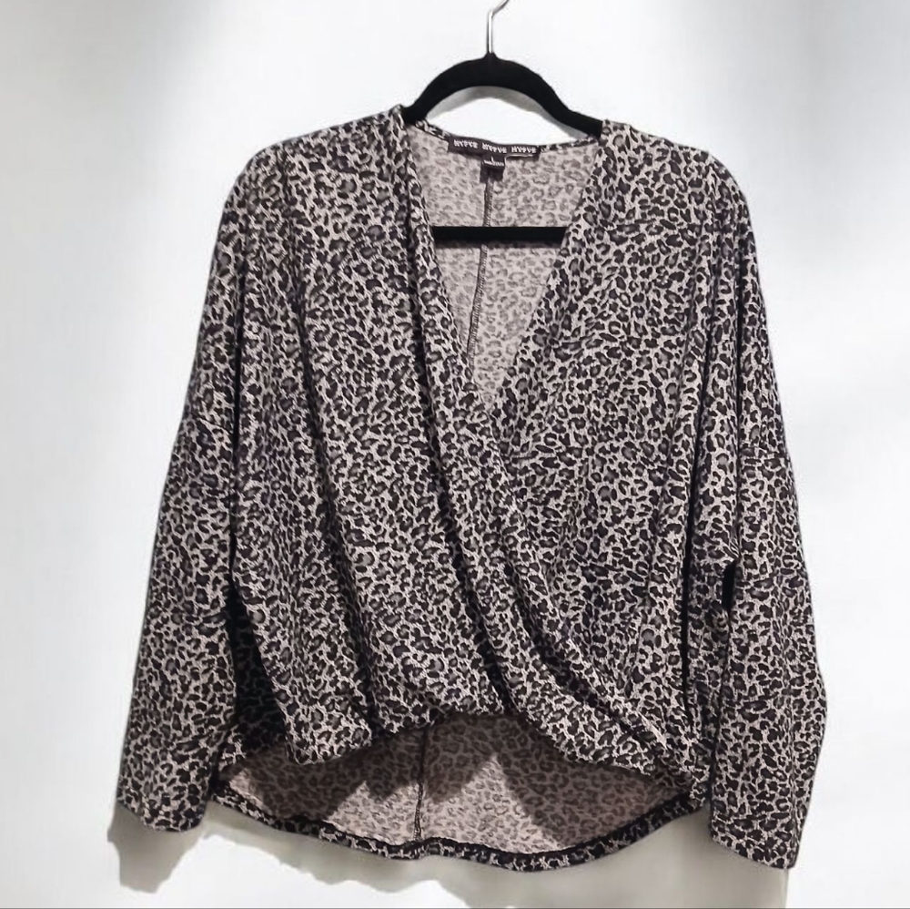 Hyfve Black Grey Cheetah Print Cropped Long Sleeve Crossed Shirt Womans